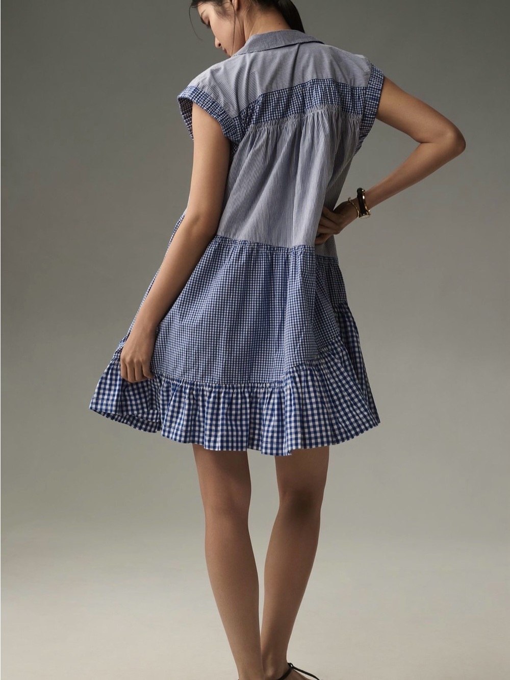 Anthropologie Blue and White Gingham Tiered Mini Dress - Picture 3 of 9